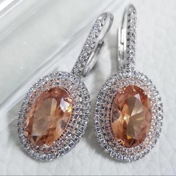 NEW SILVER OVAL DIAMOND MORGANITE HOOP EARRINGS - Picture 4 of 5